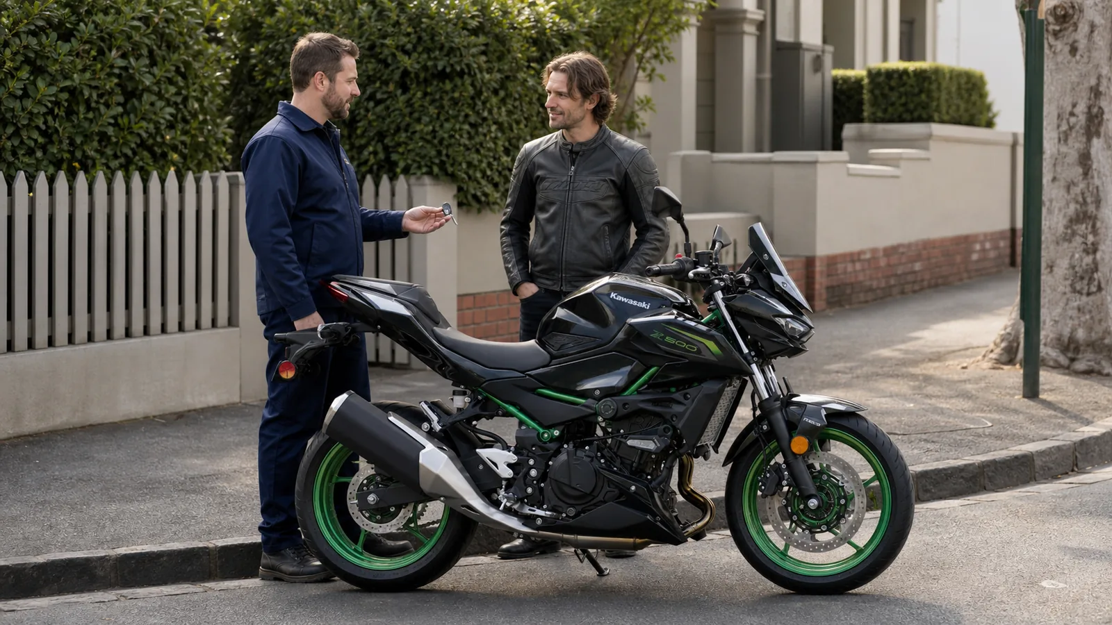 Ostan Locksmiths discussing a motorcycle key beside a 2026 Kawasaki Z500 SE in Brighton
