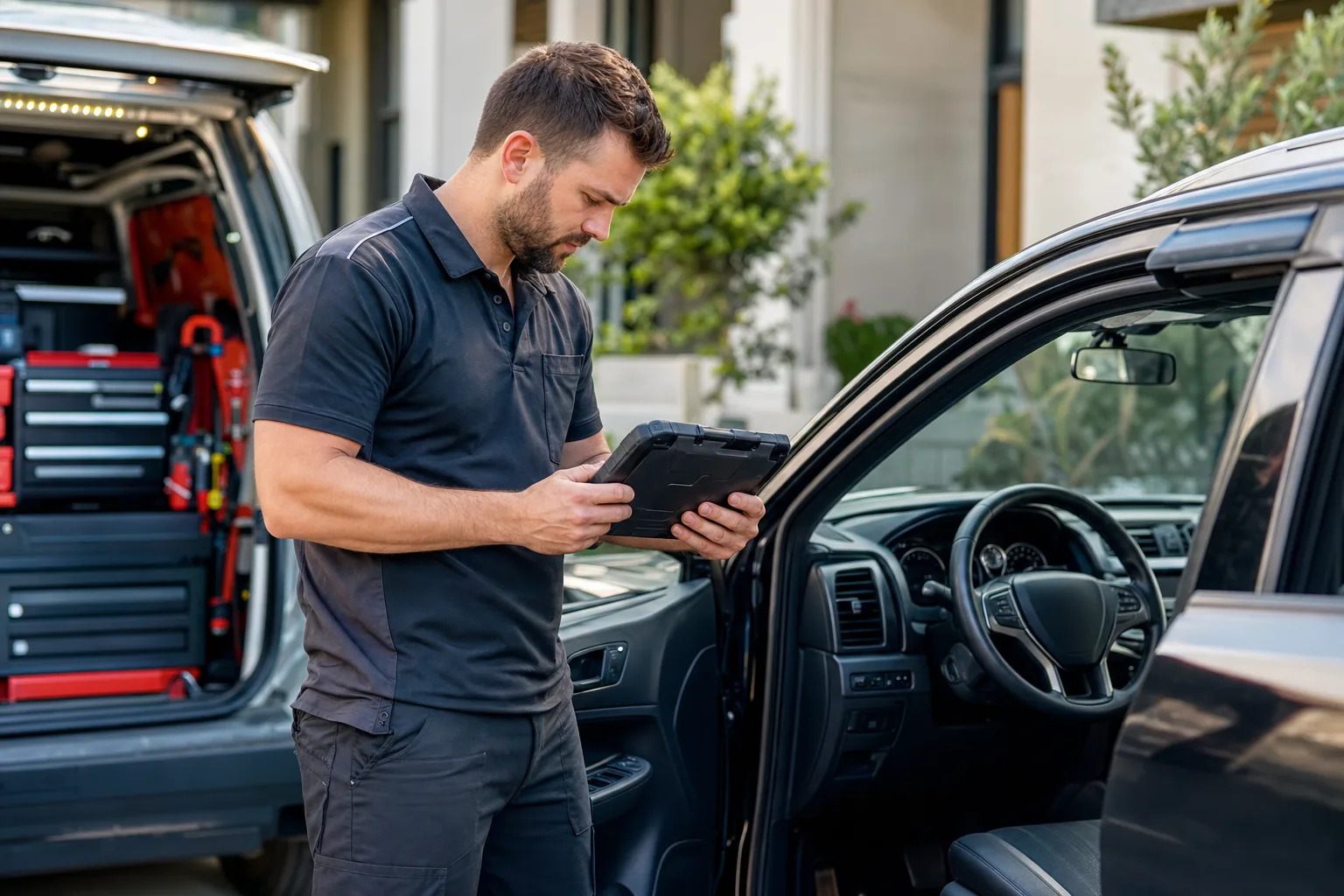 Mobile automotive technician running vehicle diagnostics beside a right-hand-drive car