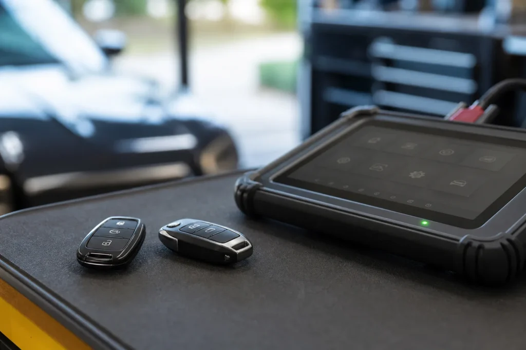 Unbranded car remotes beside automotive diagnostic equipment