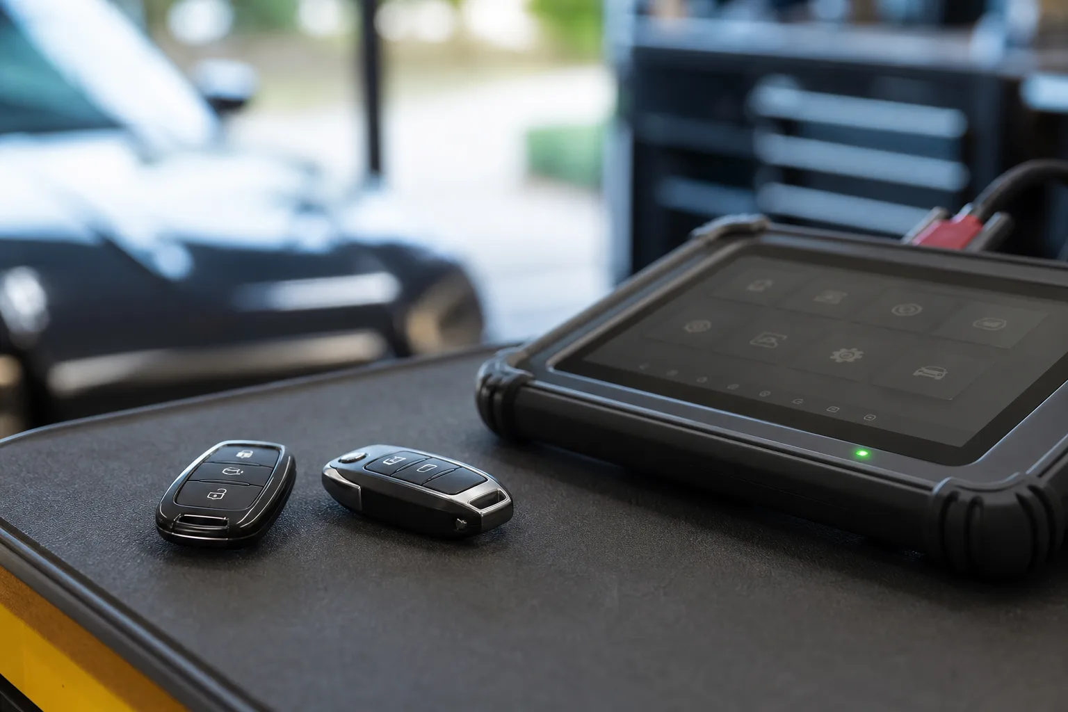 Unbranded car remotes beside automotive diagnostic equipment