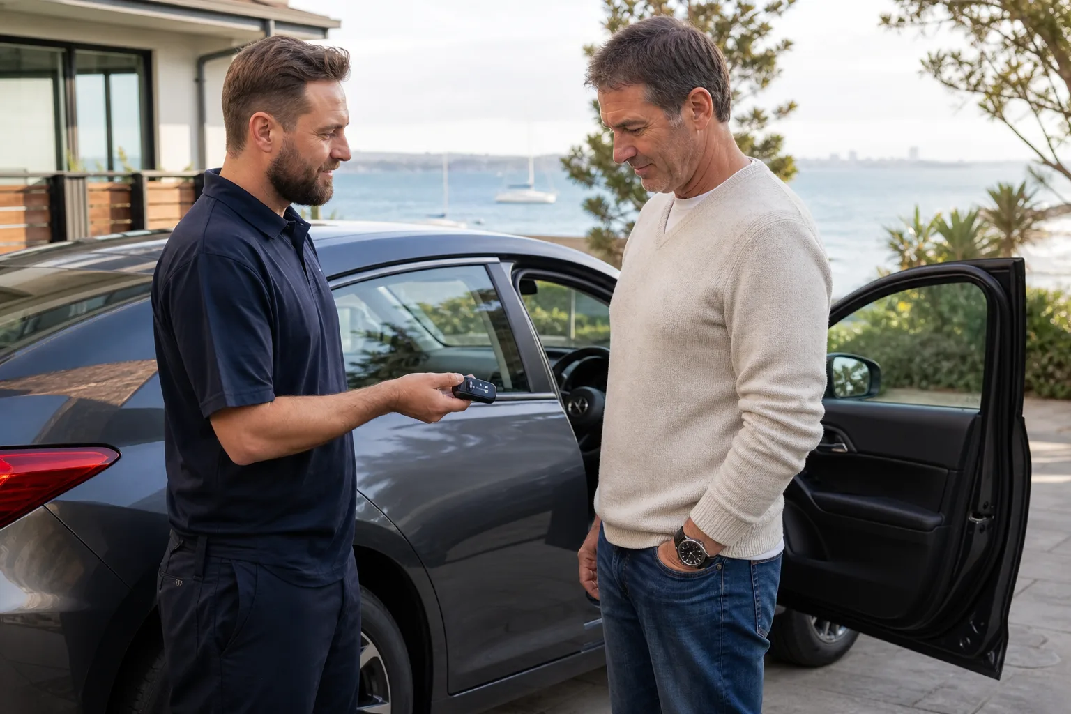 Technician and customer testing a programmed car key beside a car