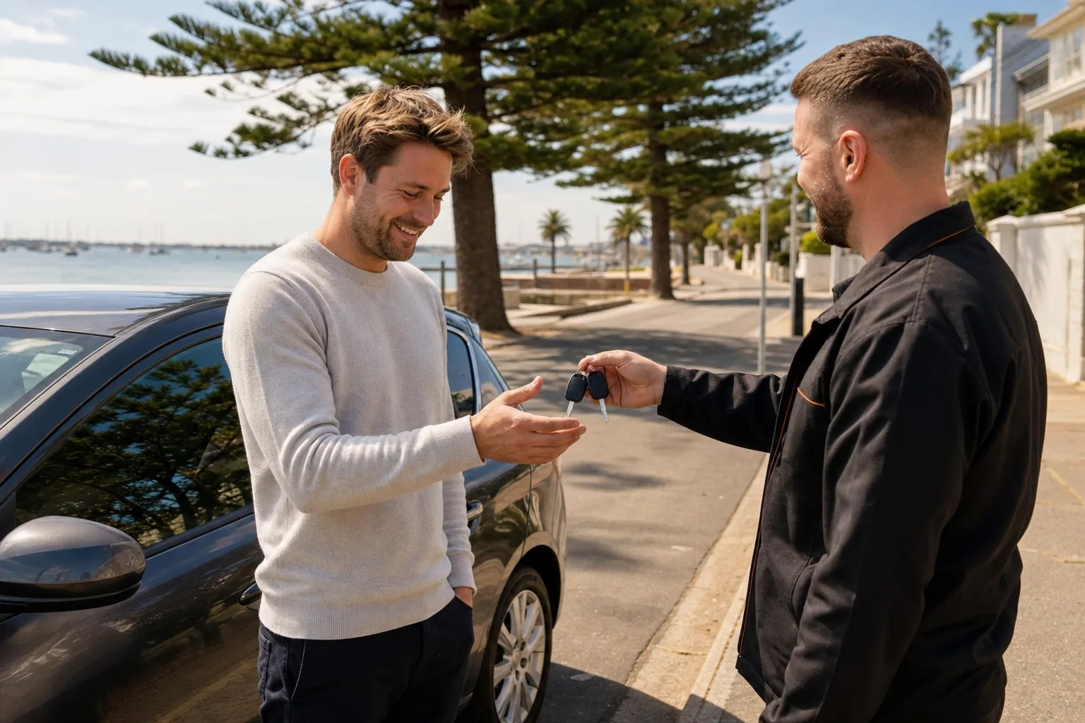 Customer receiving two replacement car keys beside a car in bayside Melbourne