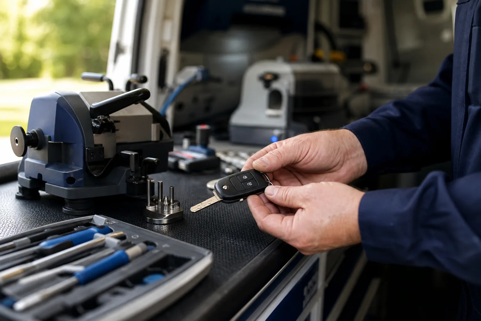 Replacement car key and remote checked in a mobile locksmith workshop