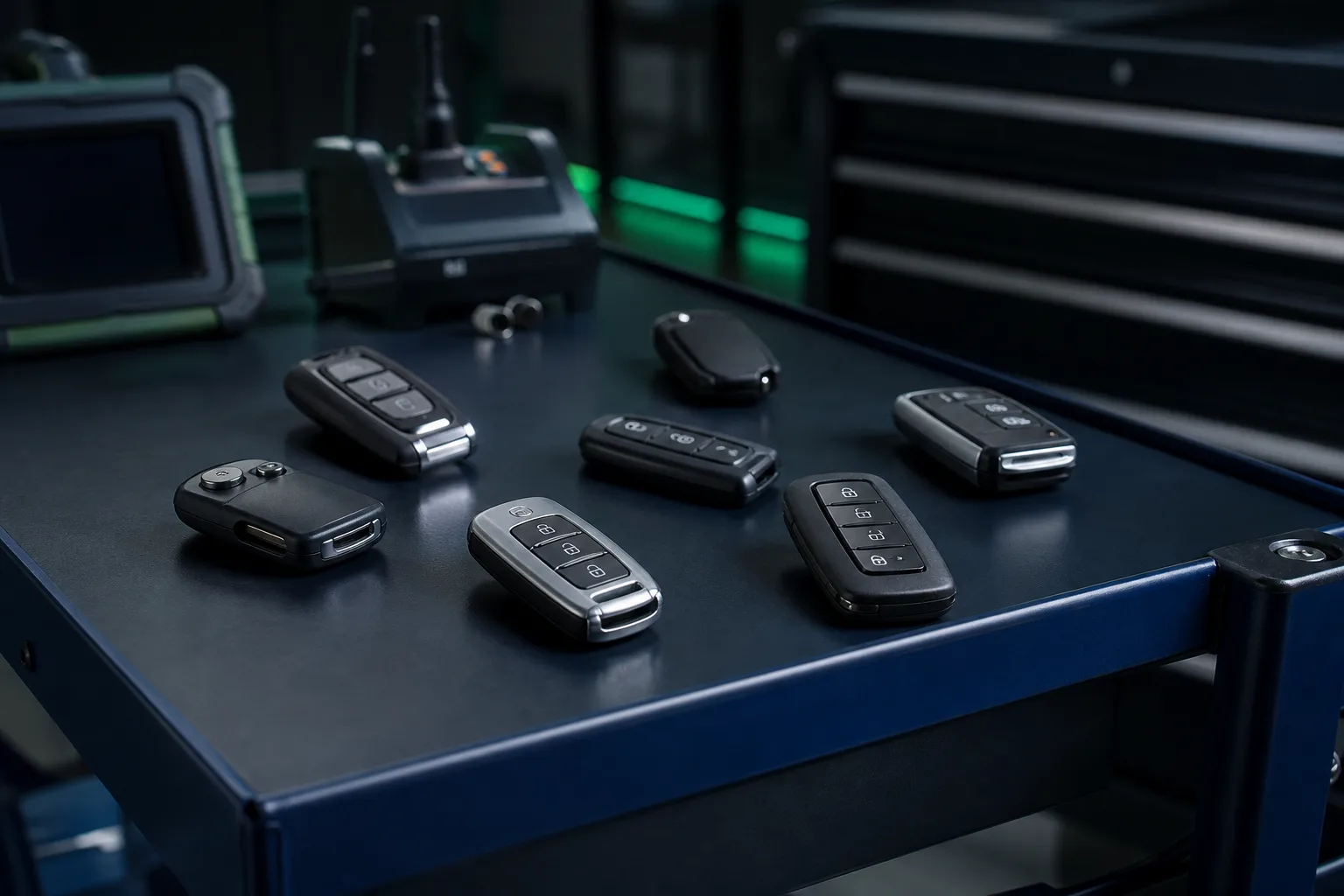 Selection of unbranded replacement car remote fobs on a mobile workbench