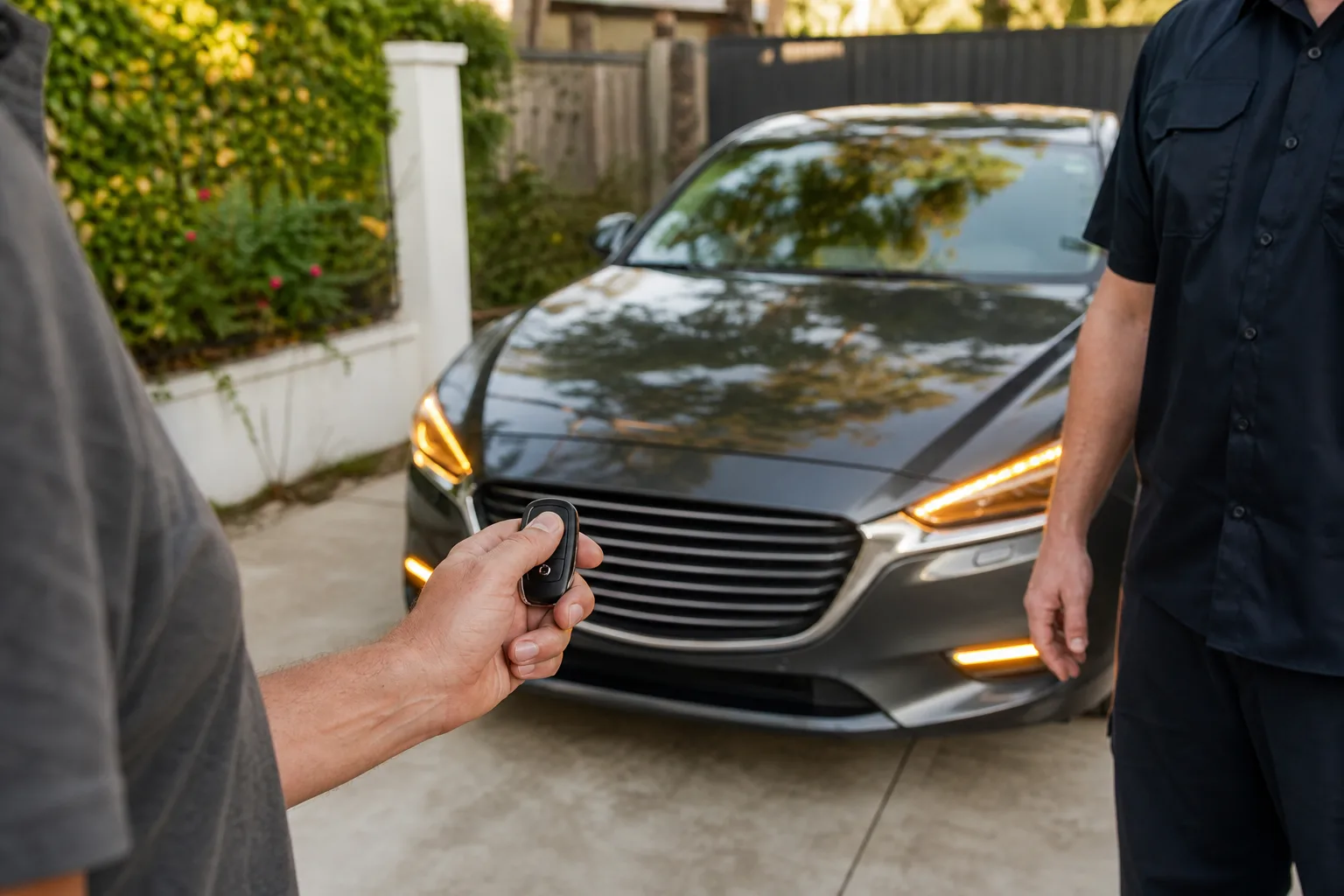 Customer testing a replacement car remote beside a parked vehicle