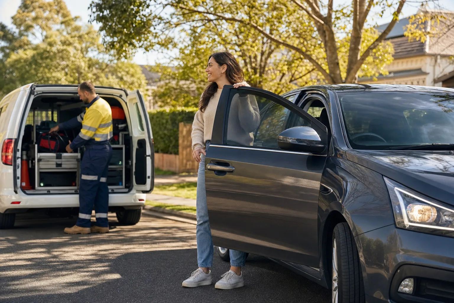 Relieved customer beside an open car after mobile vehicle assistance