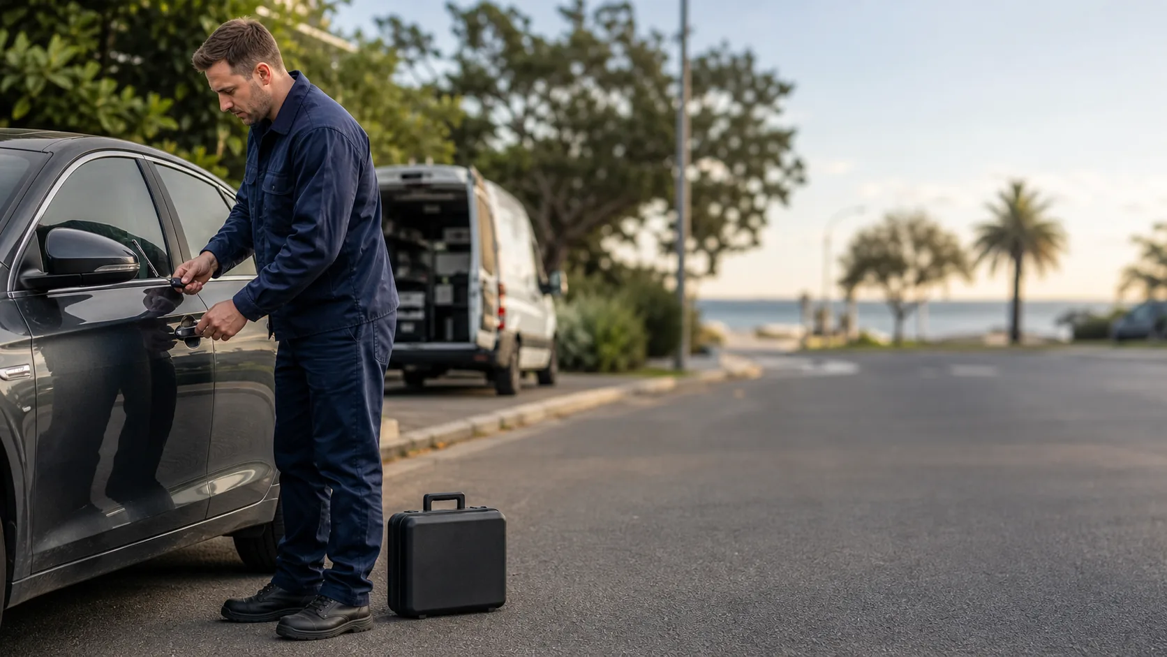 Emergency automotive locksmith assisting beside a locked car in Melbourne