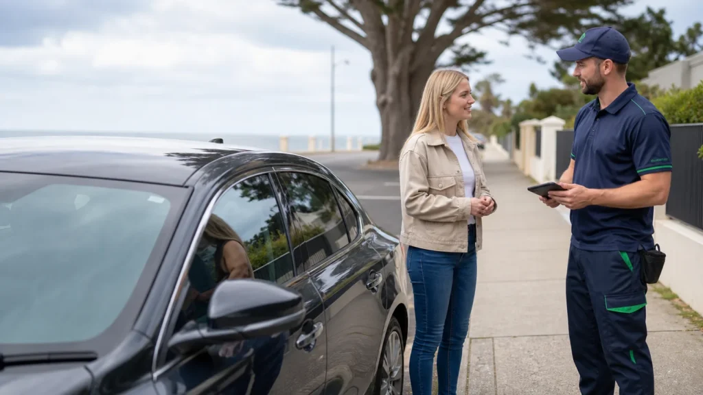 Mobile vehicle assistance technician speaking with a locked-out driver in Brighton Melbourne