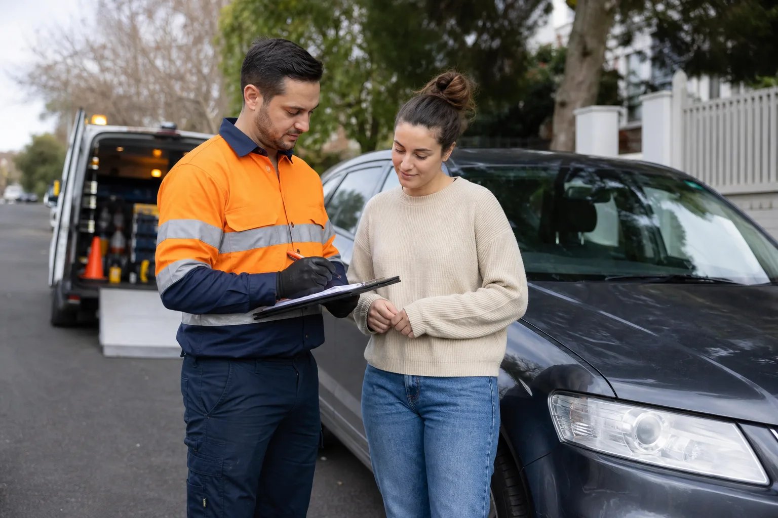 Vehicle assistance technician verifying customer details beside a parked car