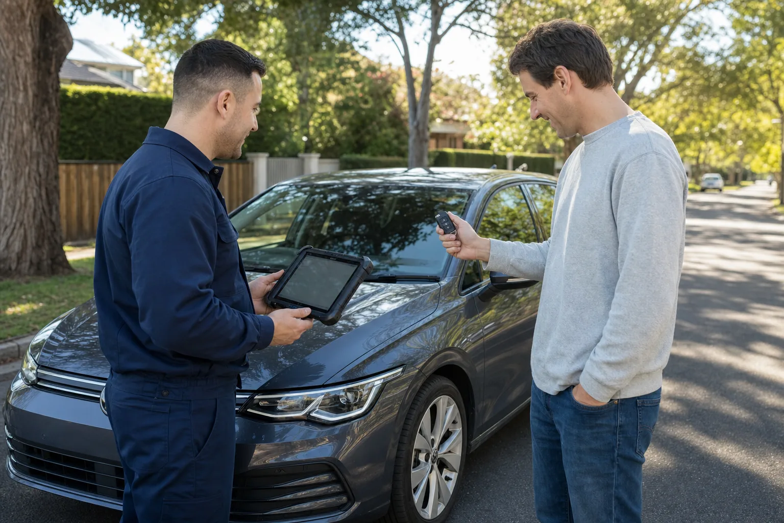 Customer receiving a replacement car key in Caulfield